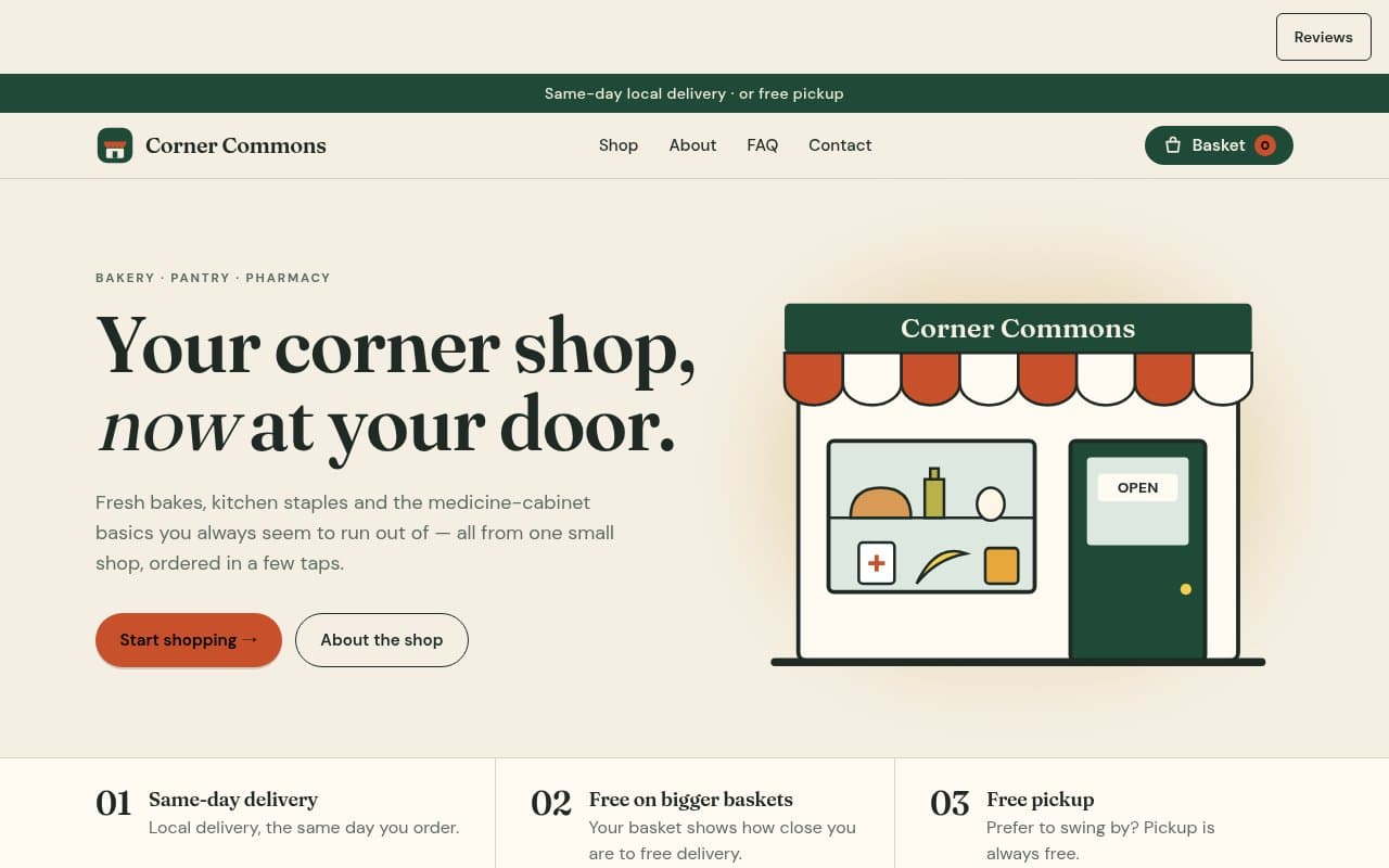 The front page of Corner Commons, an example store Captain built