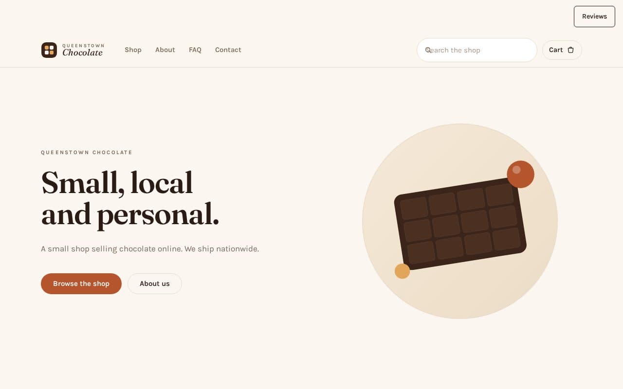 The front page of Queenstown Chocolate, an example store Captain built