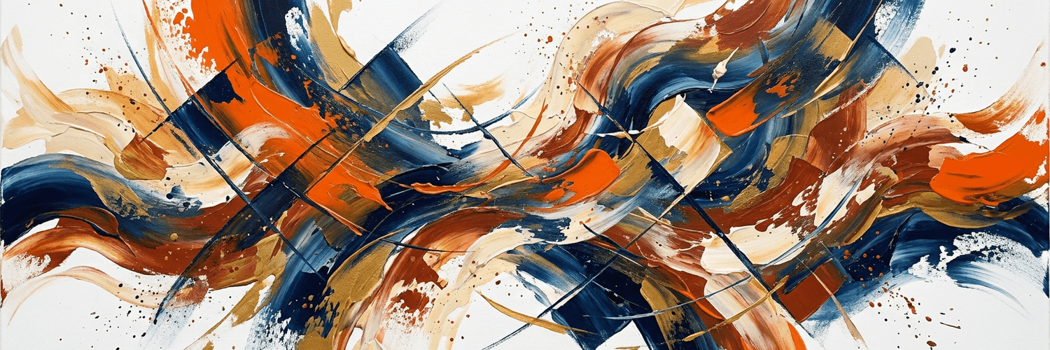 An abstract banner Captain drew: orange, navy and gold brushstrokes
